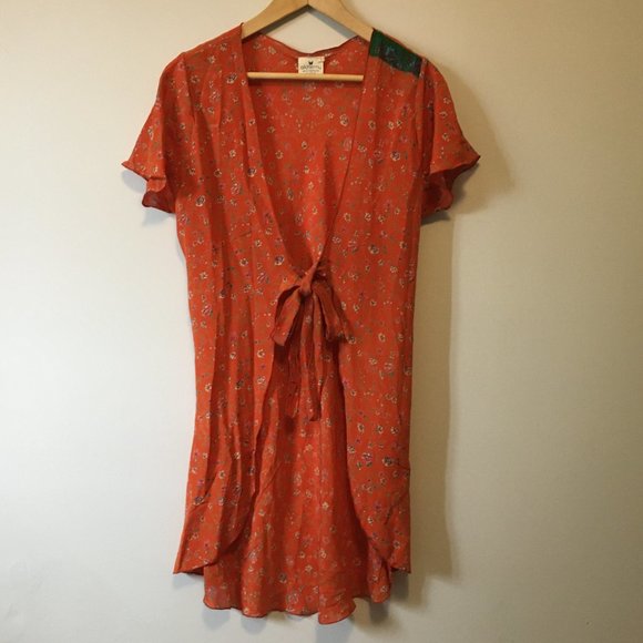 100% Silk Orange Ditsy Floral Boho Short Sleeve Tie Up Robe - Picture 1 of 16